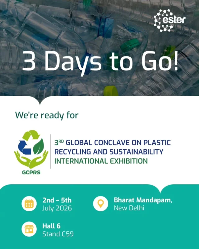 Just 3 days to go! The countdown to GCPRS 2026 is almost over, and the Ester team is ready to welcome you.

Discover our patented rPET recycling technology, specialty polymers, and sustainable polyester film solutions that are helping shape a more circular future.

Stop by to connect, exchange ideas, and explore how innovation can drive sustainability.

📍 Bharat Mandapam, New Delhi
🏢 Hall 6 | Stand C59
📅 2–5 July 2026

We look forward to meeting you!

#GCPRS2026 #EsterIndustries #3DaysToGo #rPET #Sustainability